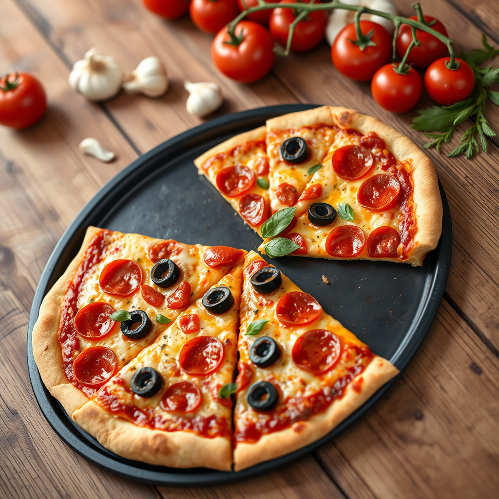 Generate a high-quality image of a pepperoni pizza with black olives, sliced into six pieces, presented on a black round pizza tray on a rustic wooden table, with fresh tomatoes and garlic cloves in the background, captured with a Canon EOS R5, 50mm lens, f/1.8 aperture, ISO 100, and natural soft lighting for enhanced detail and texture.