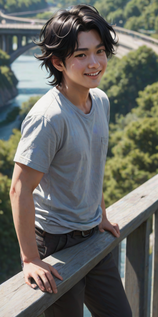 natural lighting, windy, male focus, leaning back, black hair, floating hair, shirt, pants, smiling, 1boy, CandiBRIDGE, bridge, railing, from above, scenery, intricately detailed illustration, depth of field, atmospheric perspective, realistic shading