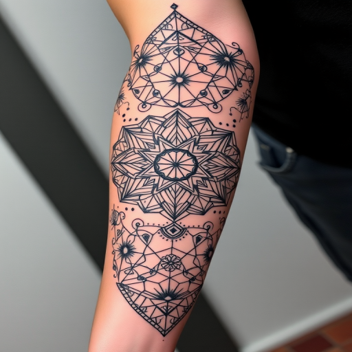 Intricate blackwork geometric tattoo covering the entire arm, showcasing precise linework and intricate patterns inspired by sacred geometry, with subtle dotwork shading for depth and dimension