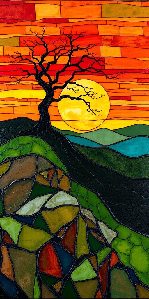 A vibrant abstract painting on Tiffany Glass, blending acrylic and alcohol ink techniques, captures a dramatic sunset over rolling hills. The artwork features a textured, rocky foreground in green and brown, layered abstract hills, and a striking sunset in rich oranges, yellows, and reds. A solitary black tree with intricate branches contrasts against the fiery sky, creating a dynamic and expressive portrayal of a breathtaking natural scene.