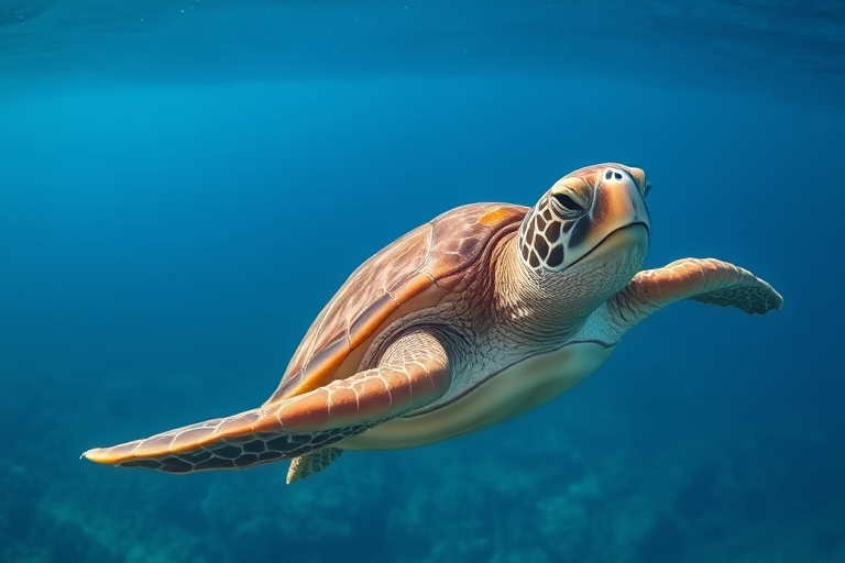 A sea turtle swimming gracefully underwater in a clear blue ocean, captured with a Canon EOS R5, 24mm lens, f/8 aperture, ISO 100, 1/125 sec shutter speed, wide-angle view, underwater photography style, vibrant colors, high-resolution.