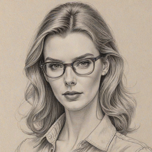 Bewitching Betty Gilpin, pencil sketch, portrait of Delightful woman 1972s in glasses, hair style beatnik, outline, clear lines, fine lines, 8k