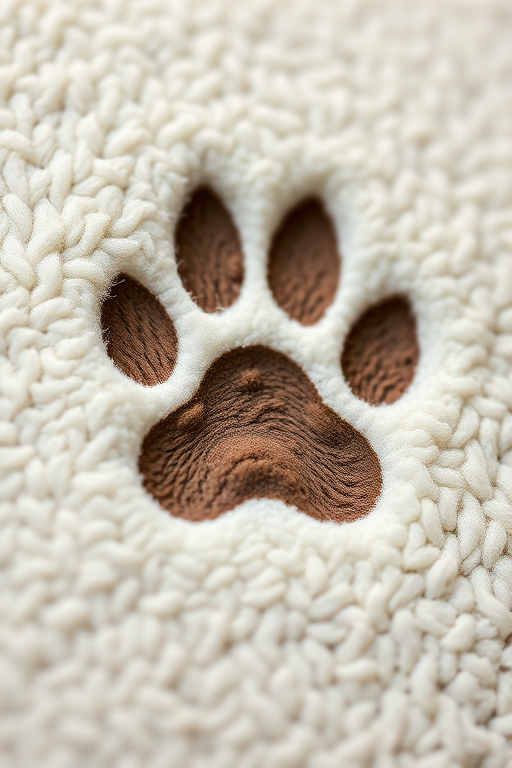 create a high-resolution image of a paw print on a soft, textured background; use a DSLR camera with a 50mm lens; aperture set to f/2.8; ISO 100; focus on the paw print with a shallow depth of field for a bokeh effect