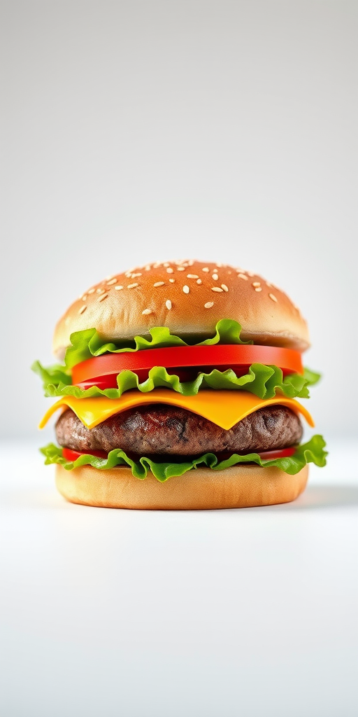 Regenerate the image of a colorful cartoon burger with a sesame seed bun, vibrant lettuce, tomato, and a beef patty, shot using a DSLR camera at f/2.8 aperture, ISO 100, with a 50mm lens, in a bright, well-lit studio setting.