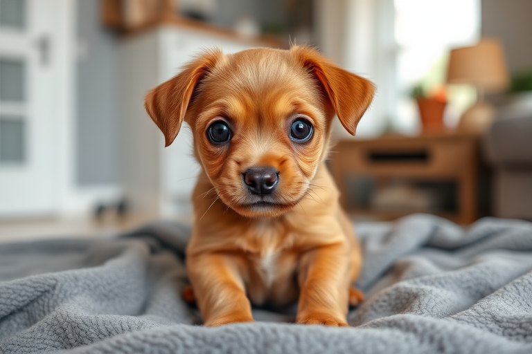 Cute brown puppy with big expressive eyes sitting on a soft gray blanket in a well-lit room, looking directly at the camera with an adorable expression.