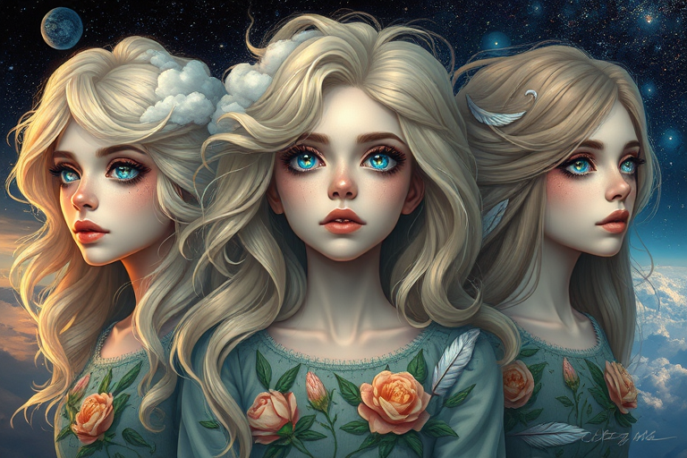 Create a series of imaginative portraits where each subject is infused with elements of fantasy and nature. The hair of the individuals should flow like clouds, varying from soft, fluffy cumulus to wispy cirrus strands, with hints of color reflecting a sunset or a clear blue sky. The eyes should be windows to entire galaxies, with stars, nebulae, and distant planets visible within them. Clothing should be adorned with nature motifs, such as floral patterns that bloom and change, vines that seem to grow and wrap around, or feathers that shimmer with iridescence. Each portrait should capture a unique personality, blending human features with the ethereal beauty of the natural and cosmic world. The backgrounds can vary, from starry night skies to enchanted forests, adding depth and context to the magical realism of the portraits