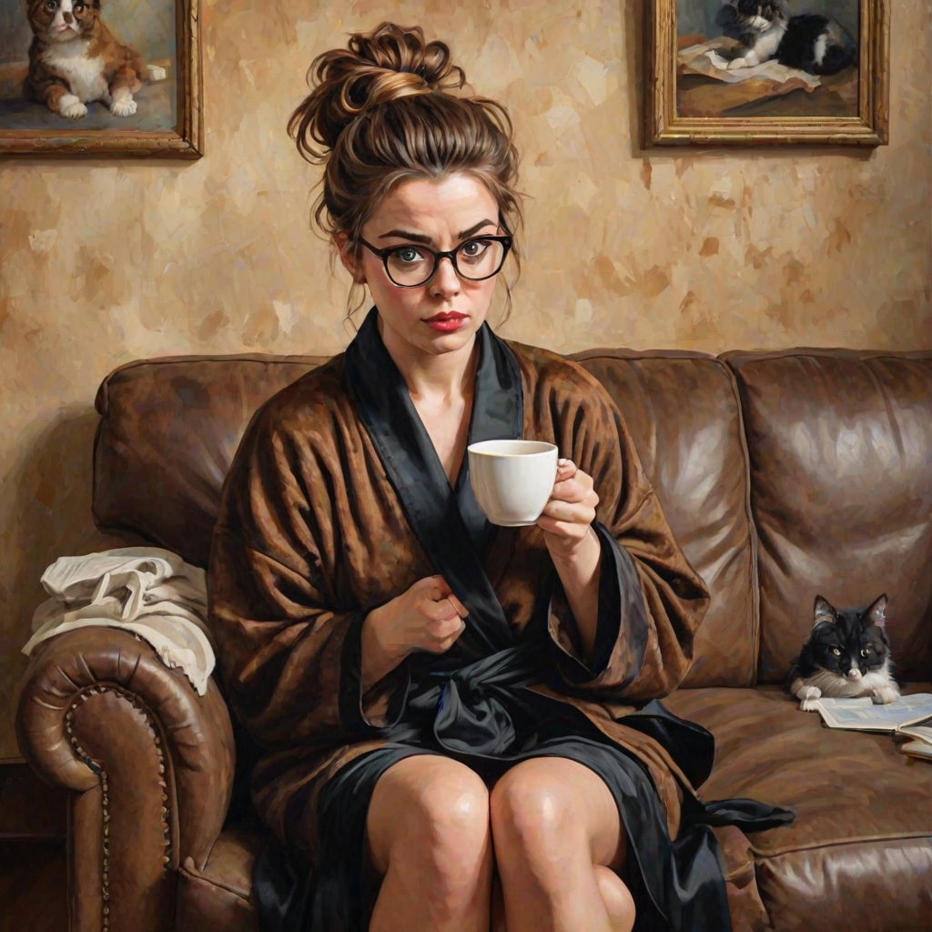 The words ‘Professional Overthinker’ (exact spelling) An exaggerated whimsical illustration of a cute silly lady with unruly messy brown bun and black glasses pouty lips and a thinking expression. Shes sitting on the couch, legs folded wearing a black silk robe, black fuzzy slippers. She’s holding her coffee cup and making a deep-in-thought face.  A quirky scruffy cat (dog) looking at her against a mottled, oil painting style soft background living room setting.