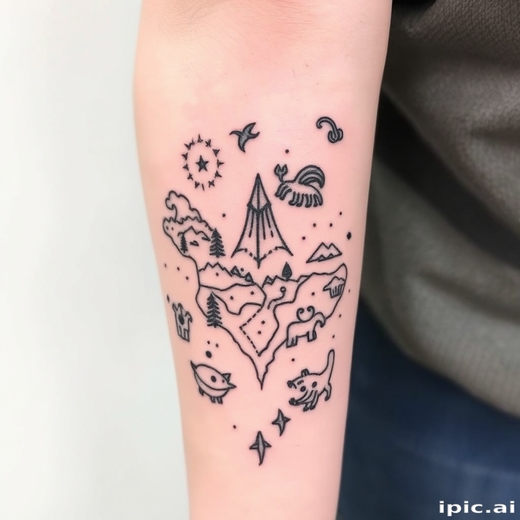 Stick and poke tattoo named "Wanderlust Cartography" featuring a hand-drawn map of imaginary lands and fantastical creatures, with imperfect lines and subtle variations in dot density adding character and charm to the design, perfect for free spirits and adventure seekers who want a unique and personalized tattoo that tells a story of their own making.