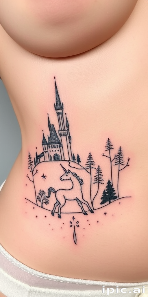 Delicate fine line tattoo wrapping around the ribcage, illustrating a whimsical fairy tale scene with a castle, unicorn, and enchanted forest in minimalist black ink