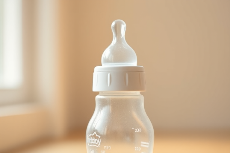 Create a high-resolution image of a baby bottle with a soft gray rim, using a DSLR camera with a 50mm lens, aperture set to f/2.8, ISO 100, shot from a 45-degree angle in natural light for a soft, warm feel.