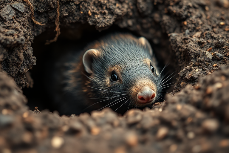 A close-up shot of a mole emerging from a burrow with detailed textures of fur and soil, captured with a Canon EOS R5, 85mm f/1.2 lens, aperture at f/2.0, ISO 100, 1/200s, natural light, shallow depth of field.