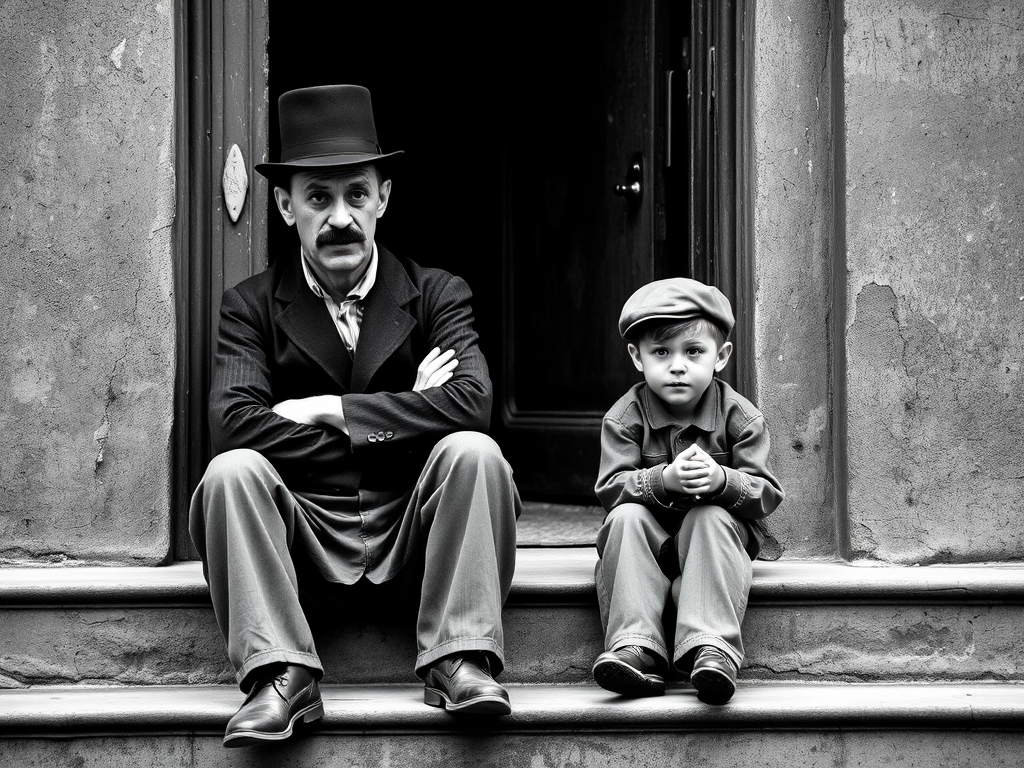 A black-and-white photograph of a man and a child sitting on steps in front of a doorway. The man is dressed as a tramp with a bowler hat, mustache, and ragged clothes, reminiscent of Charlie Chaplin's iconic look. He is sitting with his arms crossed and an expression of slight sadness or frustration. Next to him is a young boy, also in worn clothes and a cap, sitting with his hands clasped, looking thoughtful. The background is an old, textured wall and a partially open door, creating a vintage, early 20th-century atmosphere.