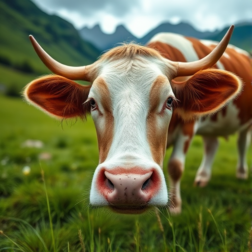 Close-up of a cow grazing in a lush green meadow with mountains in the background, shot with a Canon EOS 5D Mark IV, 24mm lens, aperture f/5.6, ISO 100, with a shallow depth of field for a blurred background, natural lighting.