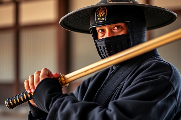 Create a high-resolution image of a kendo practitioner wearing traditional gear, holding a bamboo sword, captured with a 50mm lens, f/2.8 aperture, in natural light, from a low-angle perspective, using a DSLR camera with a vibrant color palette.