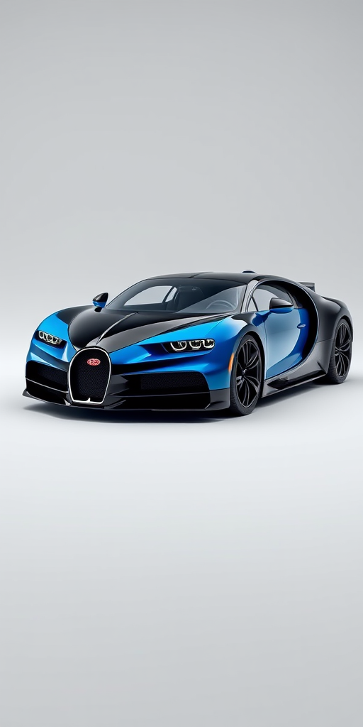Create a high-resolution 3D render of a sleek bugatti sports car with a glossy black and blue color scheme, set against a minimalistic light gray background, using a DSLR camera at f/2.8 aperture, ISO 100, 50mm focal length, with soft lighting and a three-point lighting setup to enhance reflections and details.