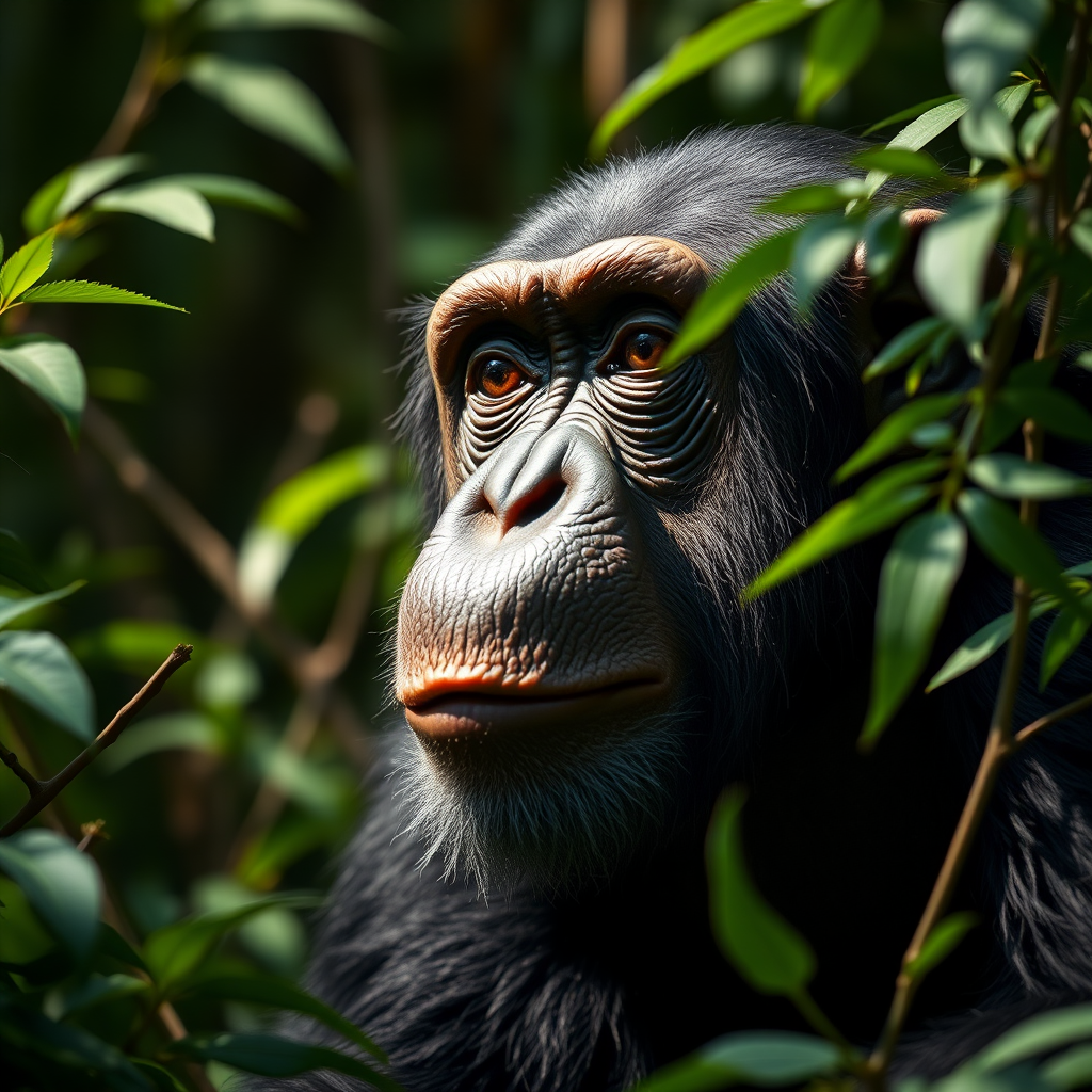 a highly detailed close-up of a realistic chimpanzee in a lush green rainforest with dense foliage and dramatic lighting, captured with a Canon EOS R5, 50mm lens, f/1.8 aperture, ISO 200, shallow depth of field, and natural light to enhance texture and depth