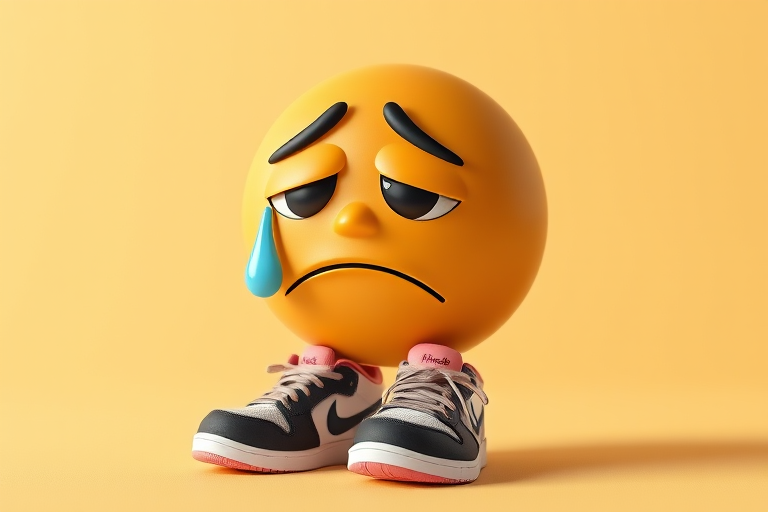 Create a vibrant and high-resolution 3D rendering of a sad emoji with a tear, wearing stylish sneakers, captured with a Canon EOS 5D Mark IV at f/8 aperture, 1/125 sec shutter speed, ISO 100, using a wide-angle lens to emphasize depth and detail, against a soft gradient background.