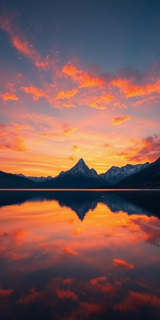 Generate a high-resolution sunset over a mountain range reflected in calm water, captured with a DSLR camera at f/8, ISO 100, 1/250s, using a wide-angle lens, golden hour light, emphasizing vibrant colors and sharp details.