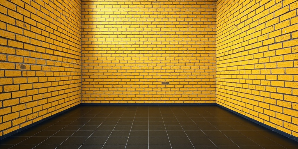 Create a high-resolution image of a bare room with textured yellow brick walls and a dark tiled floor, 50mm lens at f/8 aperture, ISO 200, natural lighting from a single source, 3-point perspective view, wide-angle shot captured with a DSLR camera.