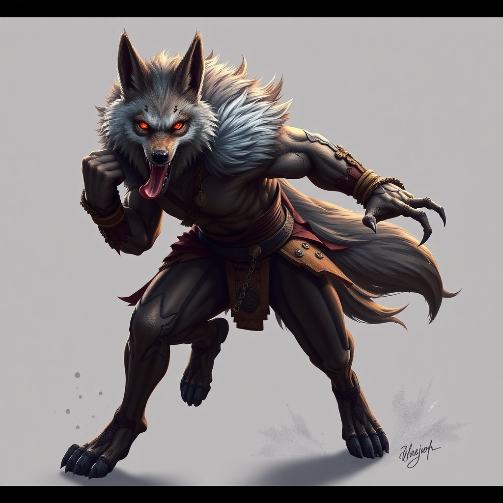 Create a high-resolution digital illustration of a mythical wolf-human hybrid character in an action pose, using a Canon EOS R5 camera with a 50mm lens, f/1.8 aperture, ISO 100, and 1/250 sec shutter speed, in a soft studio lighting setup to emphasize intricate details and textures.