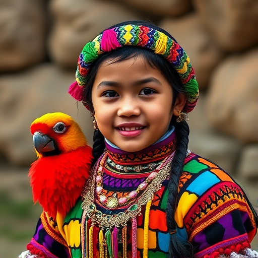 A beautiful Quechua girl, wearing colorful bird clothing with vibrant colors