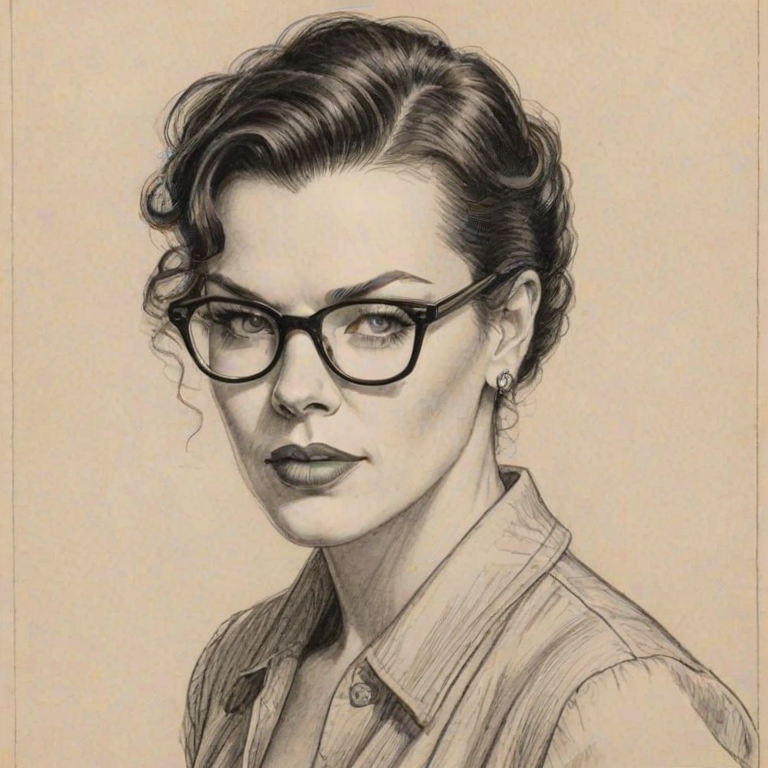 Appealing Debi Mazar, pencil sketch, portrait of Beauteous woman 1926s in glasses, hair style beatnik, outline, clear lines, fine lines, 8k