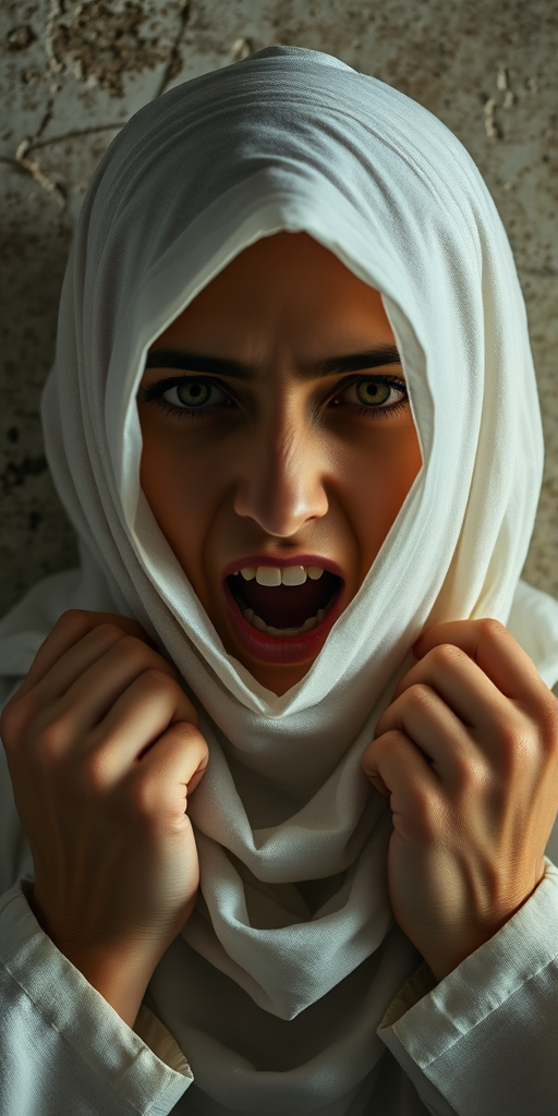 Create a close-up photographic image of a Arab woman with light skin tones shown against an old, worn wall. Their head is wrapped in a white cloth covering (i.e.... parts of the head except the nose and mouth, which are open as if they are screaming...), with a slight texture and visible folds in the fabric. Thin strands of blonde hair escape from the wrapping above, falling lightly at the top and sides. Their hands hold the fabric as if they are tugging nervously. The lighting is dramatic and even, casting strong shadows. The image has a minimalist and surreal style with an emphasis on simplicity with soft color tones. The composition is centered.