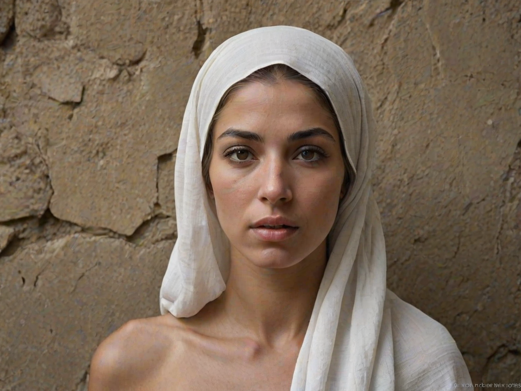 Create a close-up photographic image of a Assyrian woman with light skin tones shown against an old, worn wall. Their head is wrapped in a white cloth covering (i.e.... parts of the head except the nose and mouth, which are open as if they are screaming...), with a slight texture and visible folds in the fabric. Thin strands of blonde hair escape from the wrapping above, falling lightly at the top and sides. Their hands hold the fabric as if they are tugging nervously. The lighting is dramatic and even, casting strong shadows. The image has a minimalist and surreal style with an emphasis on simplicity with soft color tones. The composition is centered.