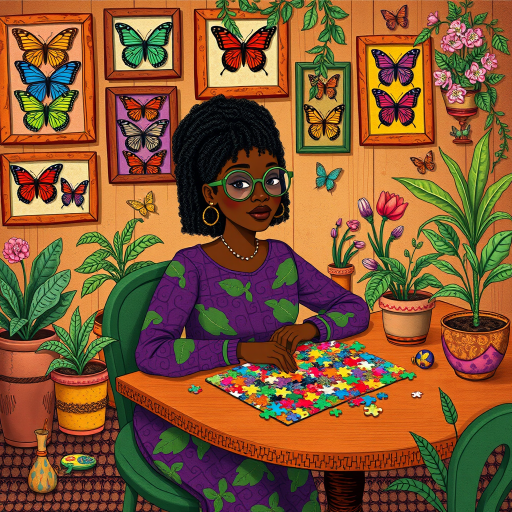 A vibrant and whimsical illustration of an african american woman sitting at a table working on a colorful jigsaw puzzle. she is wearing round glasses, and patterned clothing in shades of purple and green.  The background features an eclectic collection of framed butterflies, potted plants, and other natural elements, creating a warm and inviting atmosphere. The style is playful and modern, with rich textures, intricate details, and a lively color palette.