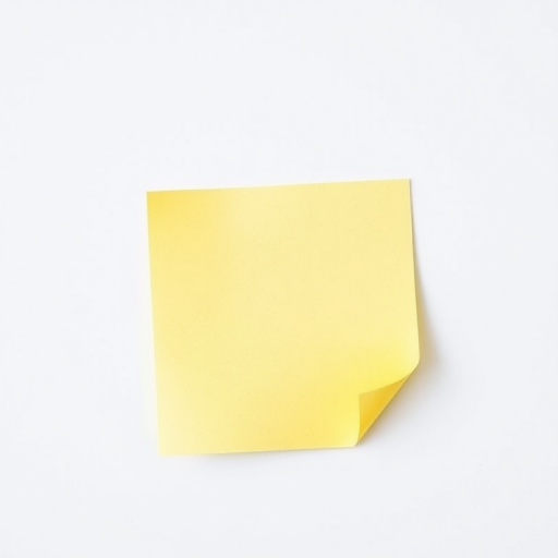Create a high-resolution image of a simple yellow sticky note with a slightly curled edge in the bottom right corner, shot with a Canon EOS R5 camera, 50mm lens, f/2.8 aperture, ISO 100, natural lighting for even brightness, soft focus background to emphasize the note.