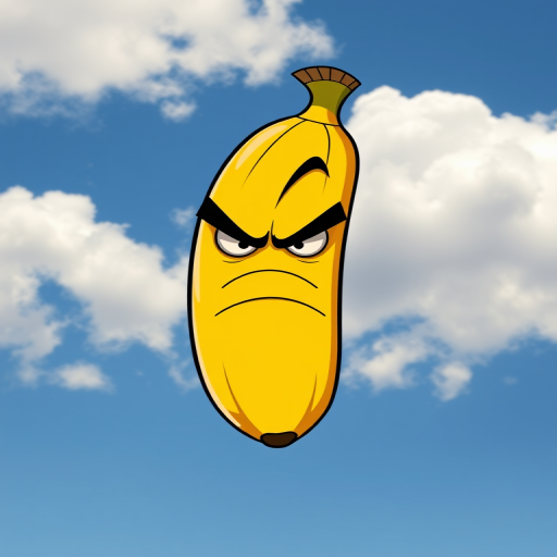 Create a cartoon-style illustration of an angry, anthropomorphic banana character with exaggerated facial features and a frown, against a clear blue sky with fluffy white clouds, taken with a DSLR camera at f/2.8 aperture, ISO 100, and 50mm lens for vibrant colors and sharp details.