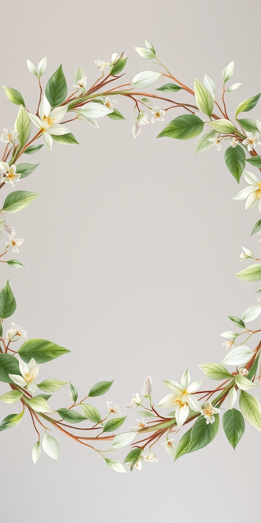 illustration of a circular frame made of delicate green and silver leaves and flowers with a transparent center, high resolution, DSLR camera, f/4 aperture, 50mm lens, natural lighting, soft focus style