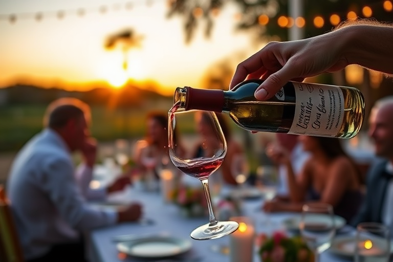 Capture an outdoor dinner scene at sunset with guests elegantly dining, a hand pouring wine into a glass, soft bokeh effect in the background, f/2.8 aperture, ISO 100, 50mm lens, natural light photography, DSLR camera.