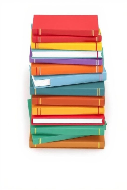 Create a digital illustration of a stacked pile of colorful books with a clean white background, using a high-resolution setting, a 50mm lens, f/2.8 aperture, soft focus effect, and an overhead view for a contemporary look.