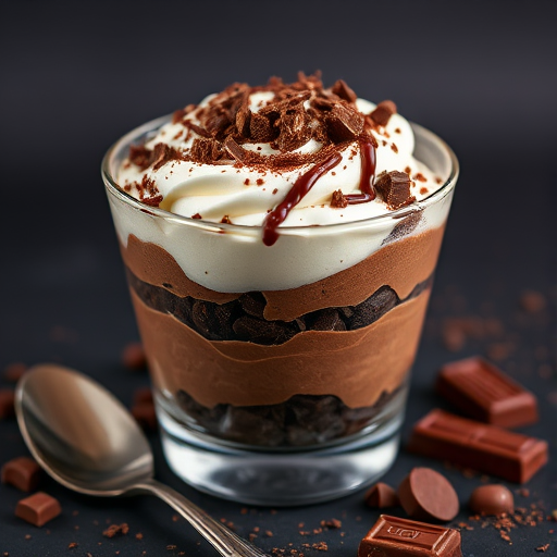 Create a rich and decadent chocolate dessert layered in a glass bowl featuring creamy chocolate mousse alternating with layers of whipped cream and chocolate chunks topped with chocolate shavings and a drizzle of chocolate sauce surrounded by pieces of chocolate and a spoon on a dark background.