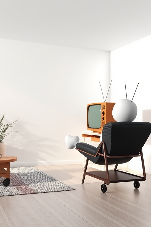 3D render of a minimalistic living room with a white 3D character relaxing on a stylish black chair, a vintage wooden television with antennas on a modern cart, studio lighting, camera ISO 100, f-stop 8, shutter speed 1/60 sec, 50mm lens, depth of field focus on the character.