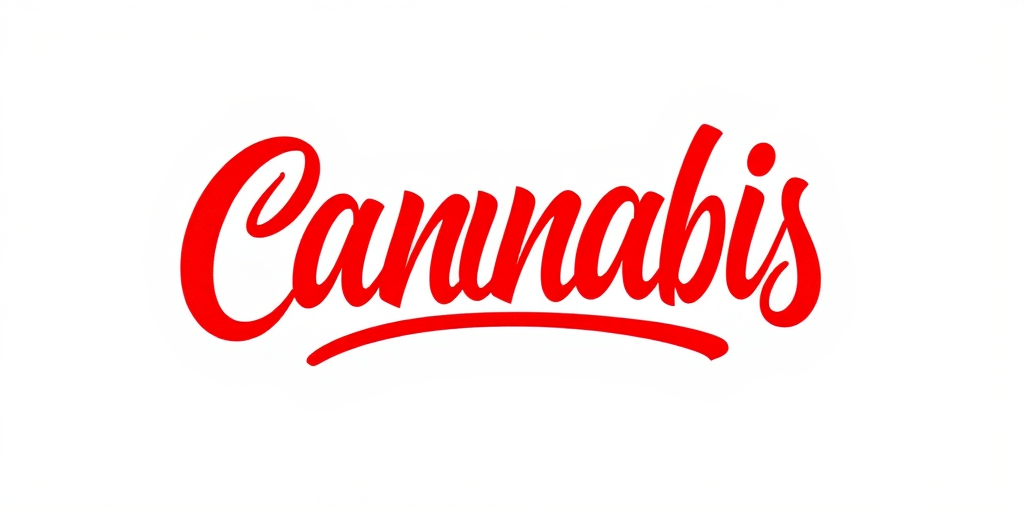 Create a vibrant graphic design of the word "Cannabis" in bold, flowing red script on a white background, use a Canon EOS R5 with a 50mm lens at f/1.8, 1/200s shutter speed, ISO 100, with natural light to enhance colors and clarity.