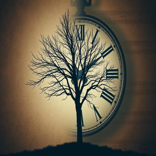 Create an artistic composite image featuring a vintage clock with Roman numerals overlaying a silhouette of a leafless tree against a textured, muted background with faint musical notes, shot with a Canon EOS R5 at f/2.8 aperture, 50mm lens, ISO 100, and a soft focus style.