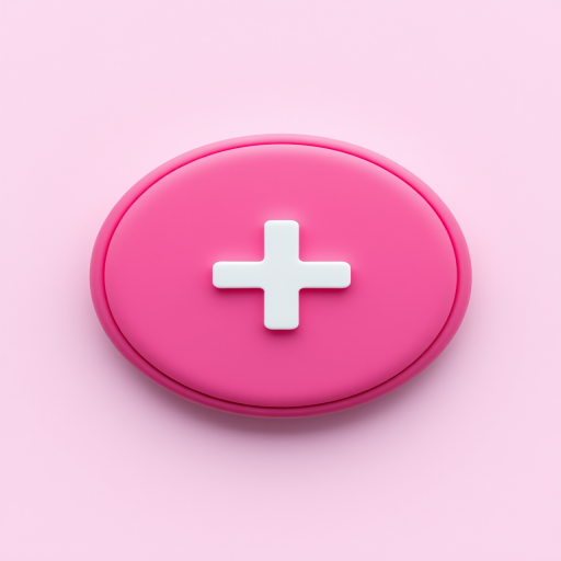 Create a high-resolution image of a circular pink button featuring a white plus symbol in the center, captured with a DSLR camera at f/4, ISO 100, 50mm lens, using a top-down view and soft diffused lighting for enhanced clarity and color vibrancy.