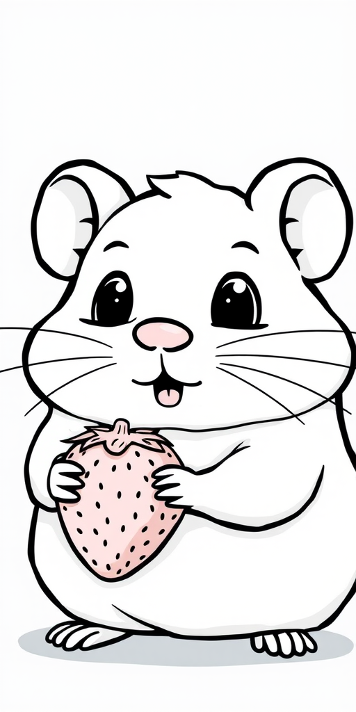 A cute cartoon hamster holding a strawberry, black and white line art style, high resolution, macro lens, f/2.8 aperture, 50mm lens, soft lighting, ISO 100, centered composition.