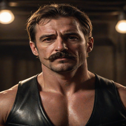 realistic lighting, photo, photorealistic, portrait of rugged man, brown hair, thick moustache, intense expression, wearing a black leather vest, muscular build, shoulder harness, dramatic lighting, gritty and tough