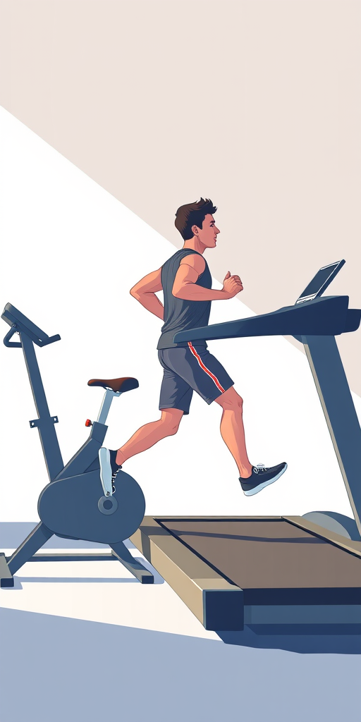 Create a high-resolution digital illustration of a man running on a treadmill beside a stationary bike, with a clean and minimalist background, using a Canon EOS 5D Mark IV camera at f/2.8, ISO 100, 1/200s, shot from a slightly elevated angle to enhance perspective and detail.