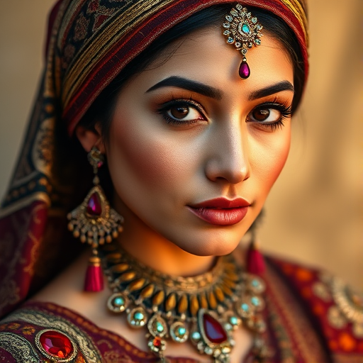 Create a portrait of a beautiful Chaldean woman with striking black eyes and a gentle expression. She is adorned in traditional attire with intricate patterns, including a richly embroidered headscarf and matching garments. Her jewelry includes a delicate headpiece, dangling earrings, and ornate bracelets, all featuring vibrant gemstones and detailed metalwork. The background is soft and warm, enhancing the rich colors of her outfit and jewelry.