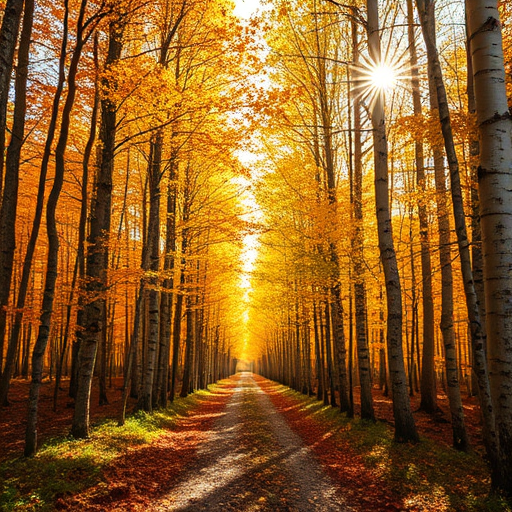 autumn forest with golden birch trees lining a pathway, sunlight filtering through leaves creating starburst effect, f/8 aperture, ISO 100, 1/250 sec shutter speed, wide-angle lens, DSLR camera, high dynamic range style