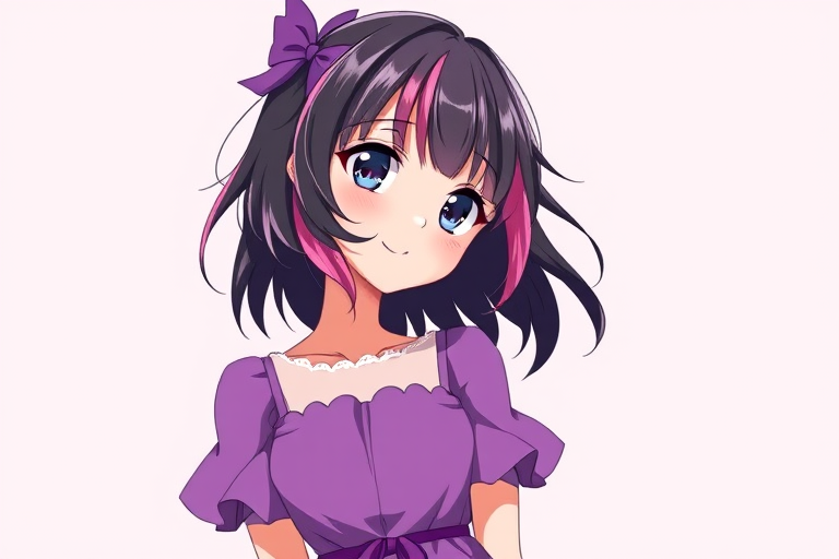 Generate an anime-style illustration of a girl with black and pink hair wearing a purple dress, in a bright, minimalist background, using a Canon EOS 5D Mark IV with a 50mm lens, aperture set to f/2.8, ISO 100, and a soft focus effect.