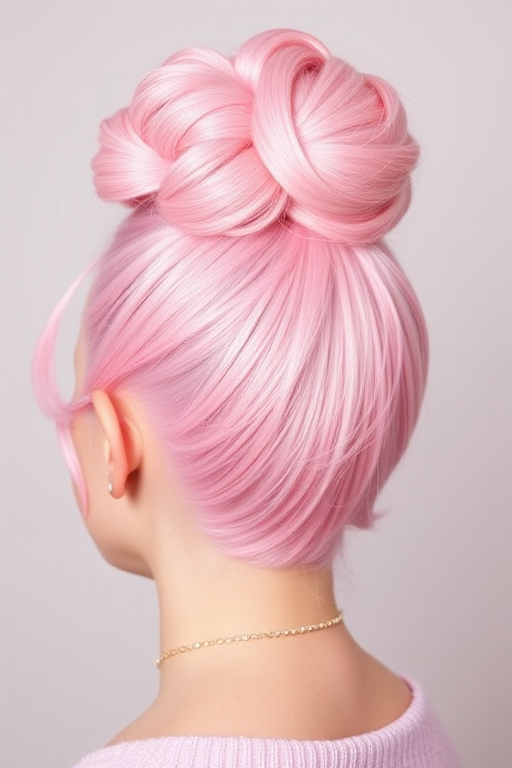 Playful bubblegum pink space buns, known as "Cotton Candy Dreams," feature a fun and youthful style with pastel pink hues and a touch of glitter