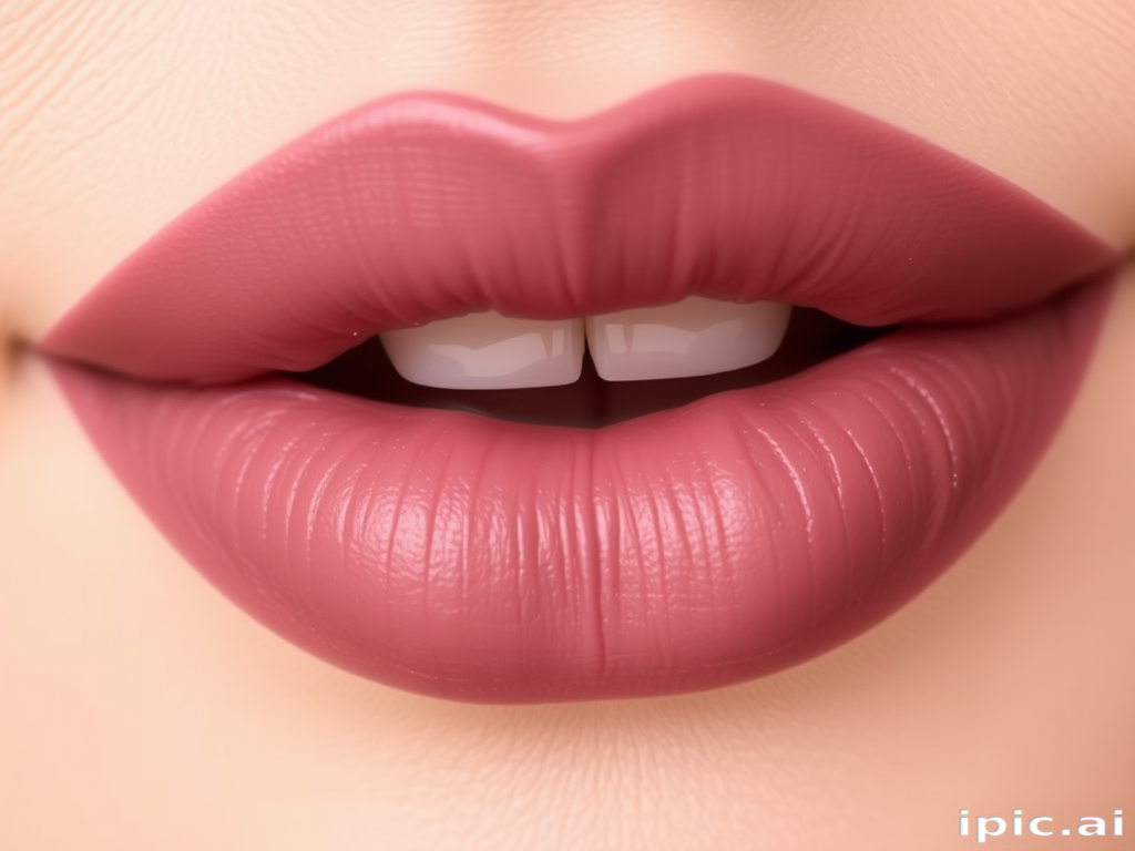 Velvety mauve lips with a satin finish, known as "Dusty Romance," provide a natural-looking color with a smooth, creamy texture for everyday wear