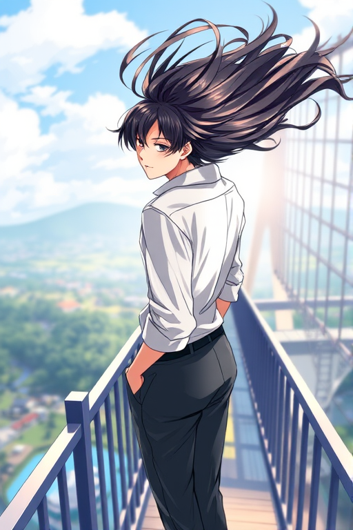 natural lighting, windy, male focus, leaning back, black hair, floating hair, shirt, pants, smiling, 1boy, CandiBRIDGE, bridge, railing, from above, scenery, intricately detailed illustration, depth of field, atmospheric perspective, realistic shading