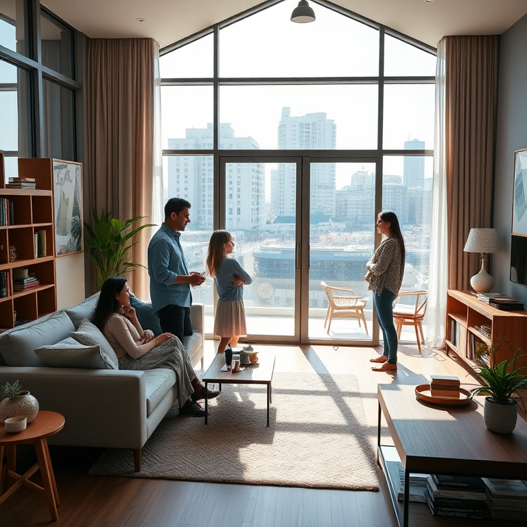 A modern living room with a family of four engaged in conversation, natural light flooding through large glass windows showing a city view, warm wood accents, and contemporary furniture, shot with a Canon EOS R5 at f/4, ISO 100, 24mm lens, with a bright and vibrant color profile.