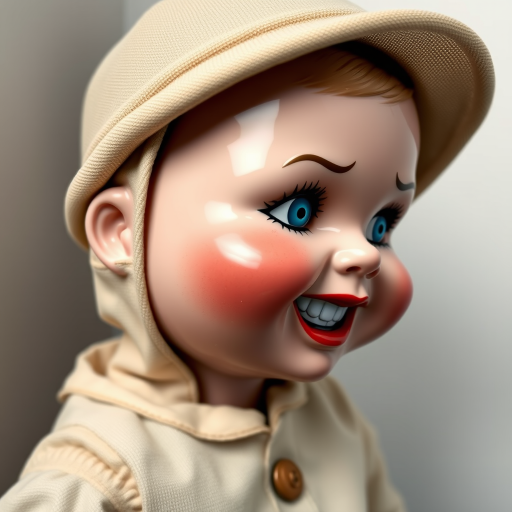 Generate a hyper-realistic image of a vintage doll with rosy cheeks, dimples, and a wide grin with red lips. The doll has bright blue, glossy eyes looking to the side, wearing a beige fabric hat. The face is shiny plastic, contrasting with the matte fabric of the clothing. The background is plain and neutral, emphasizing the doll’s unsettling expression.